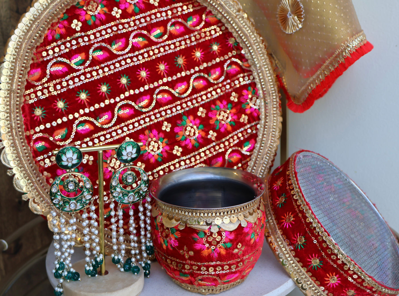 Red Phulkari Thali Set