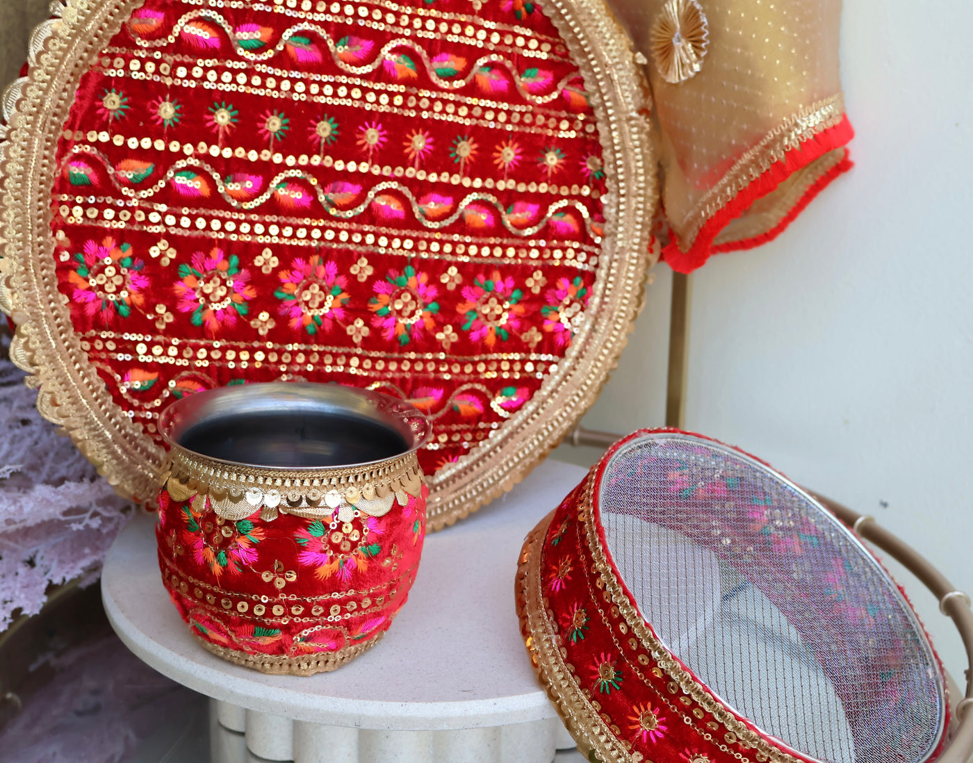 Red Phulkari Thali Set