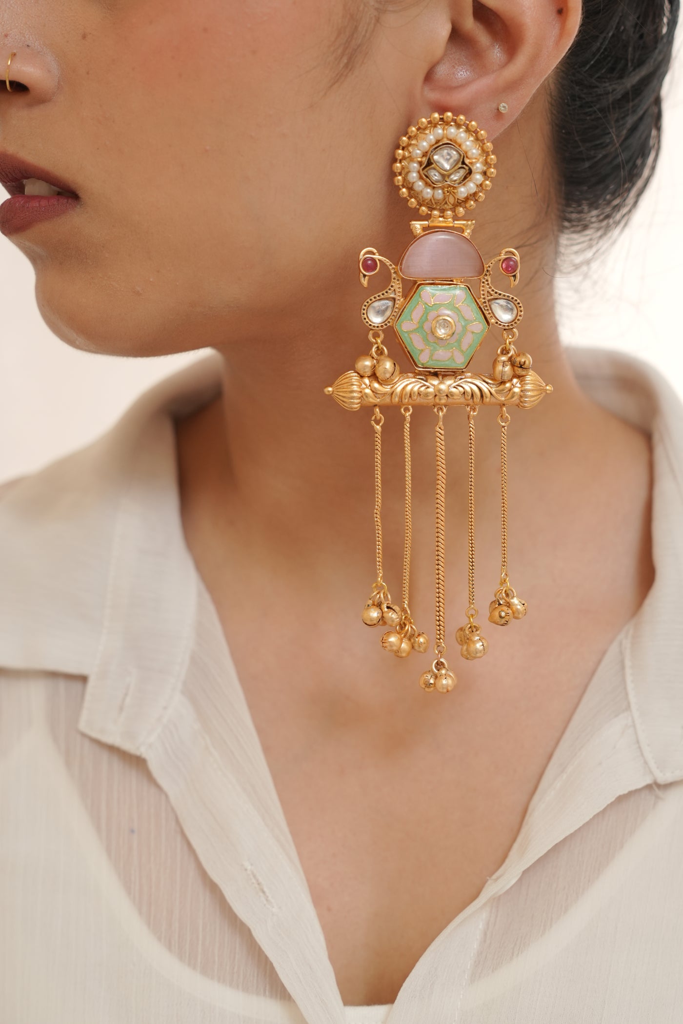 Peacock Enamel Temple Jhumkas
