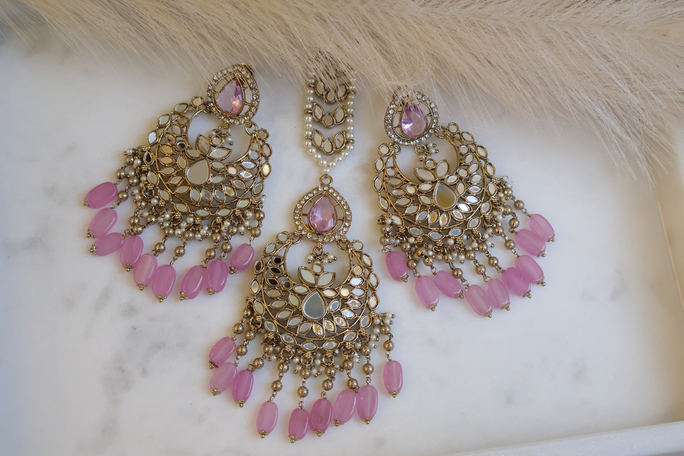 Mirrored Pink Earring with Tikka - Indian Secrets