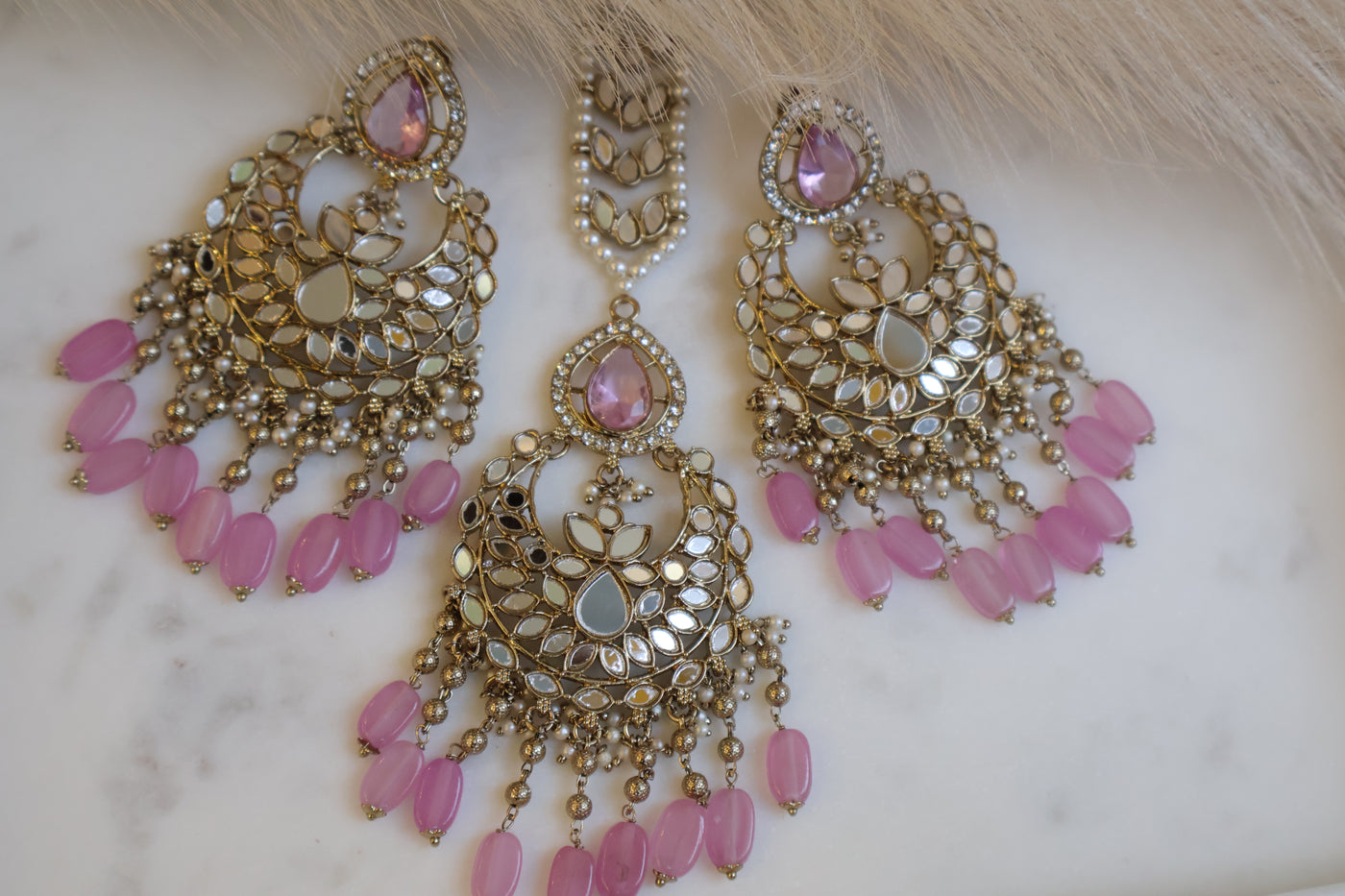 Mirrored Pink Earring with Tikka - Indian Secrets