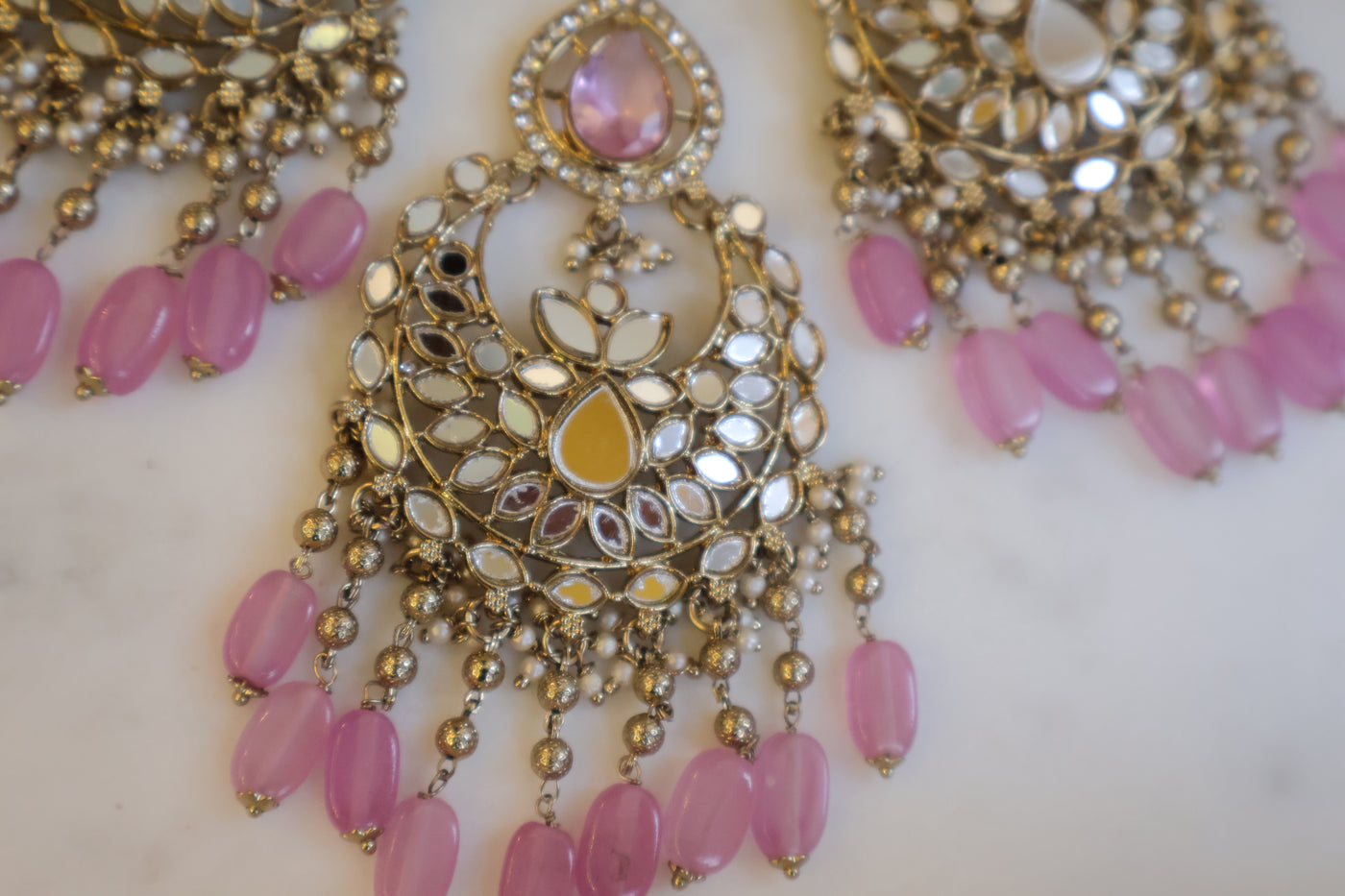 Mirrored Pink Earring with Tikka - Indian Secrets