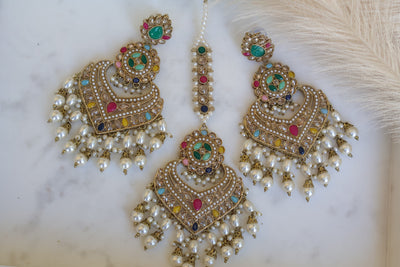 Jhilmil-Antique multicolor earring with tikka - Indian Secrets