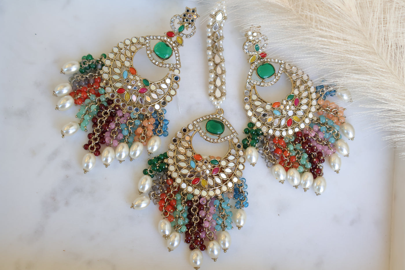 Mirrored Earring with multicolor strings and Tikka - Indian Secrets