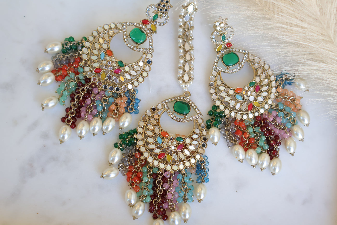 Mirrored Earring with multicolor strings and Tikka - Indian Secrets