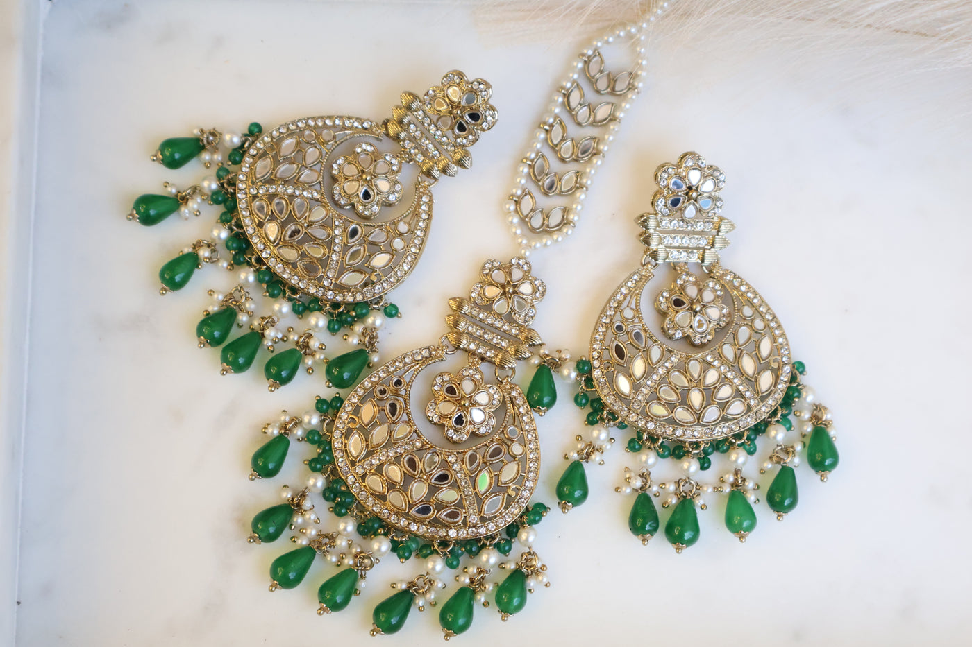 Suhana Long Green Earring with Tikka - Indian Secrets