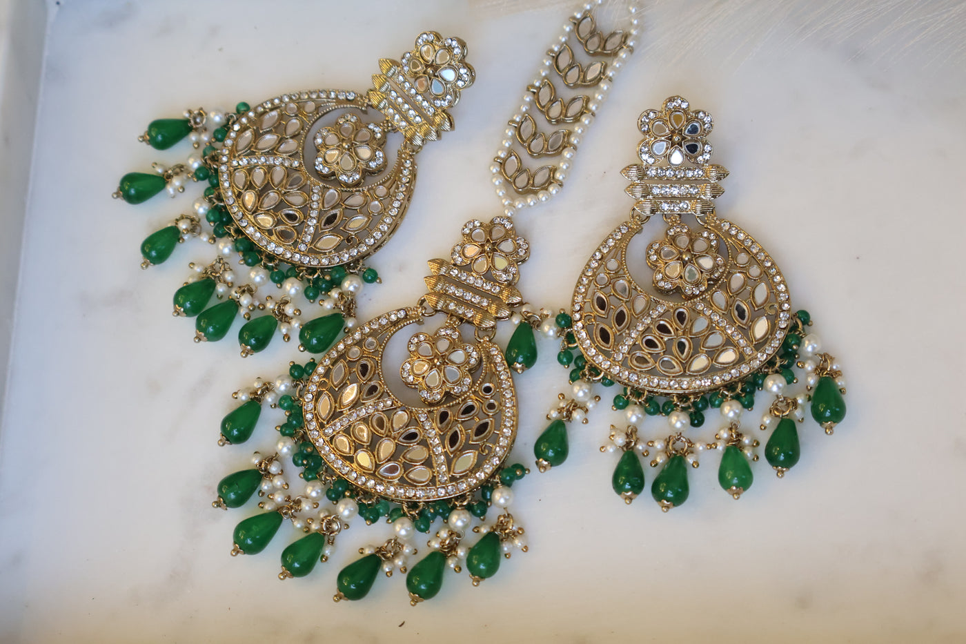 Suhana Long Green Earring with Tikka - Indian Secrets