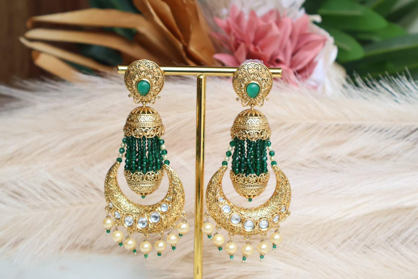 Luxury Gold Plated Jhumka- Green - Indian Secrets