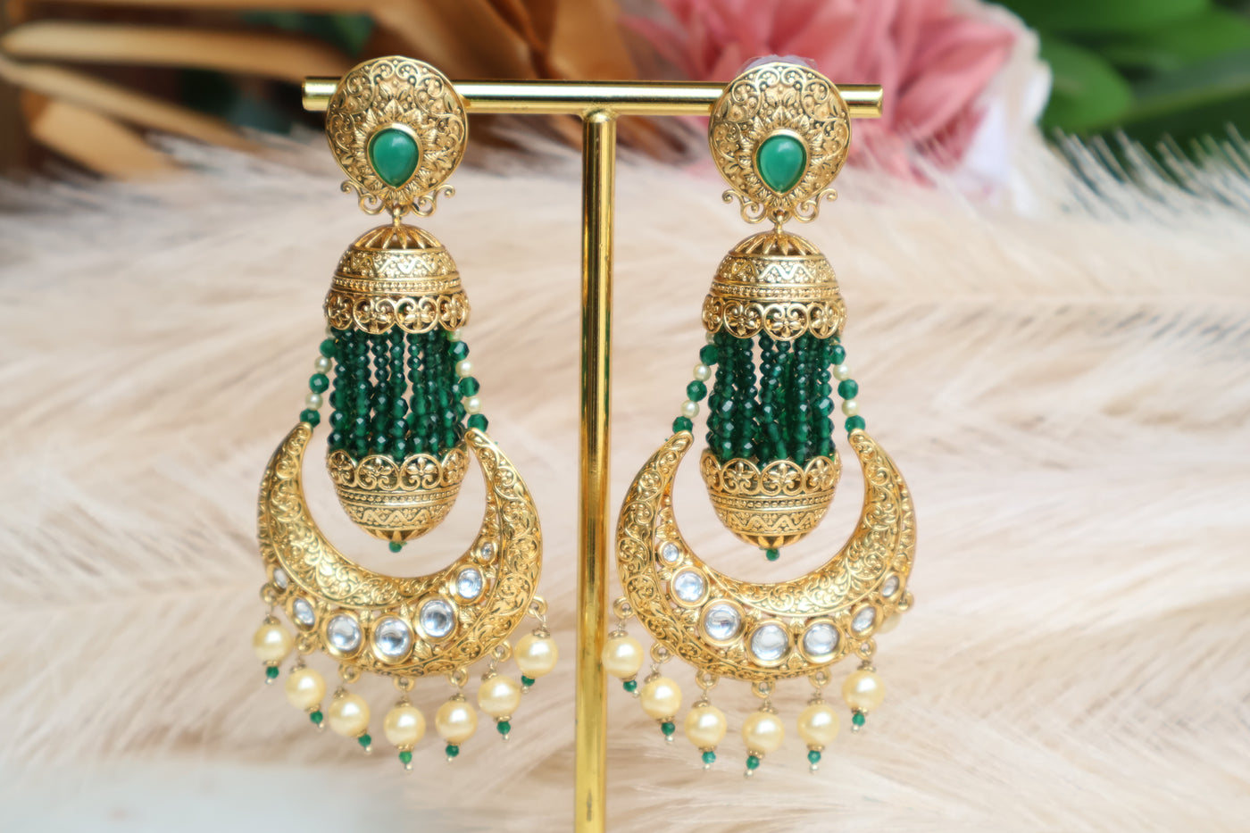 Luxury Gold Plated Jhumka- Green - Indian Secrets