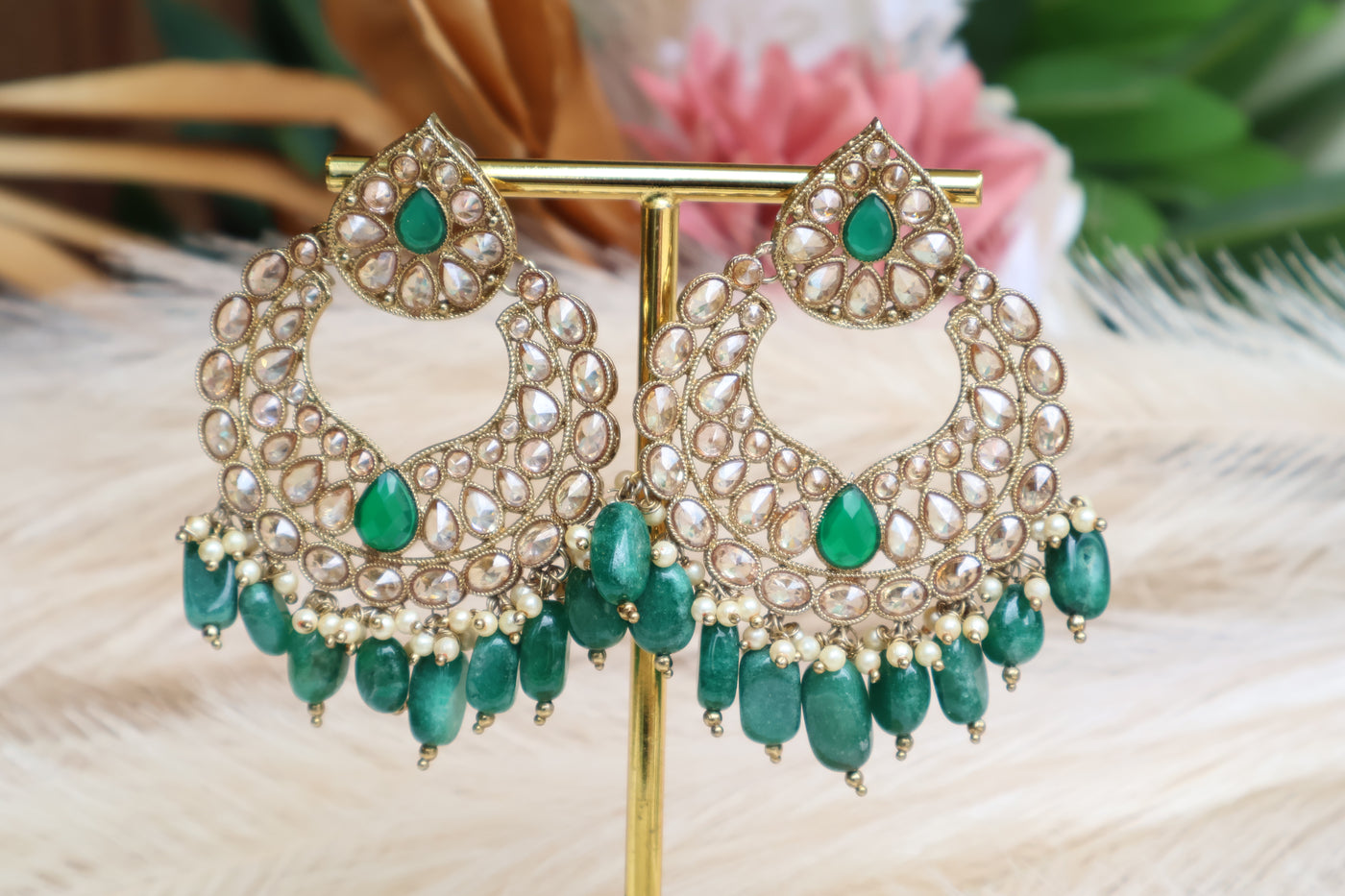 Shalini Earrings Reversed AD- Green - Indian Secrets