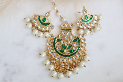 Kundan Green Earrings with Oversized Tikka - Indian Secrets