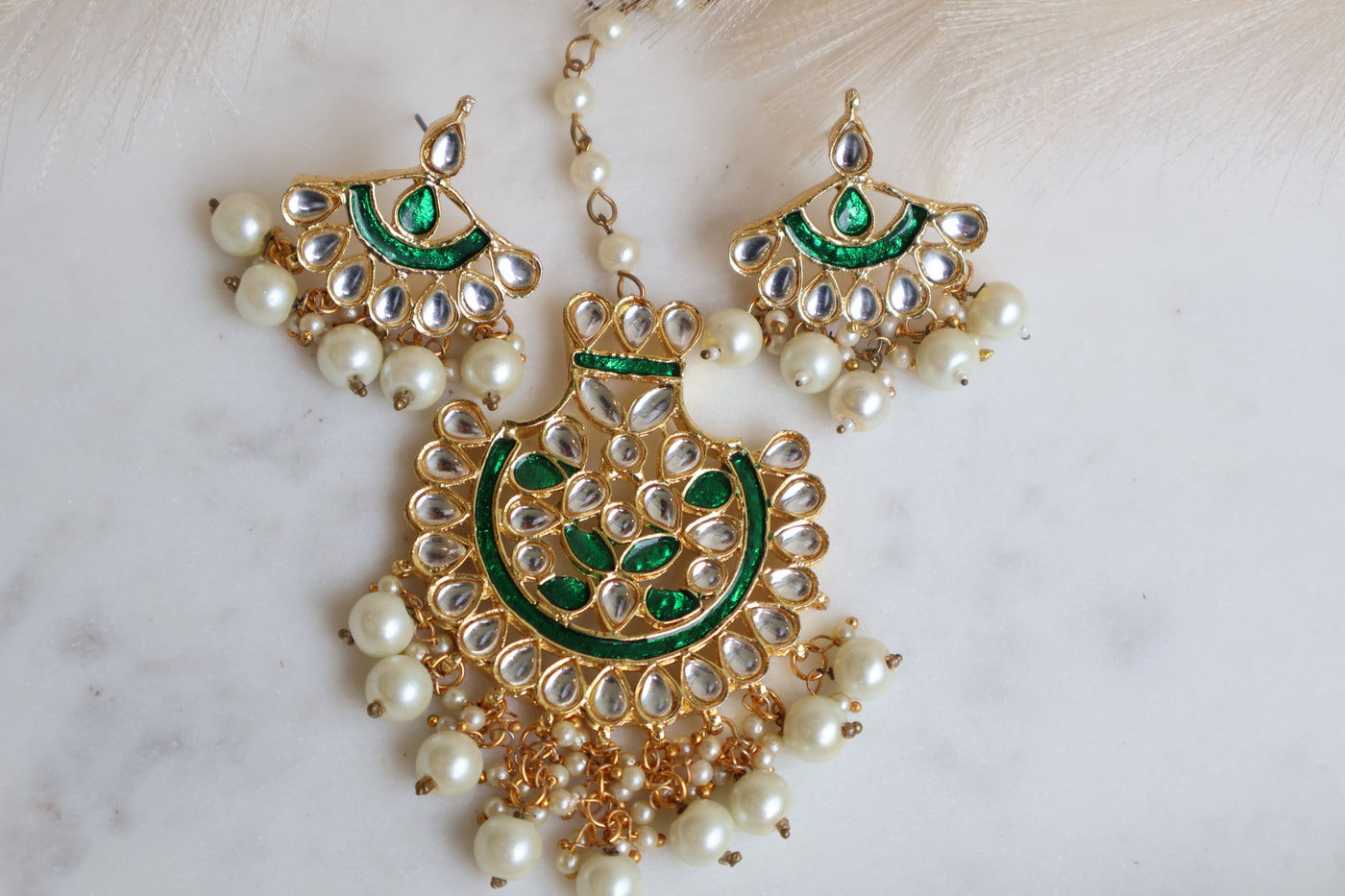 Kundan Green Earrings with Oversized Tikka - Indian Secrets