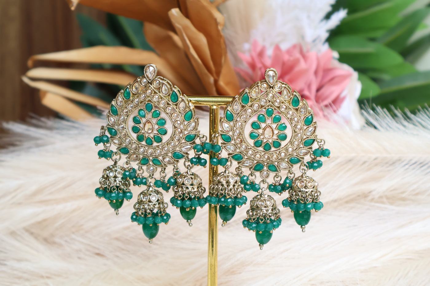 Simran Green Earrings with 3 small bells & Tikka - Indian Secrets