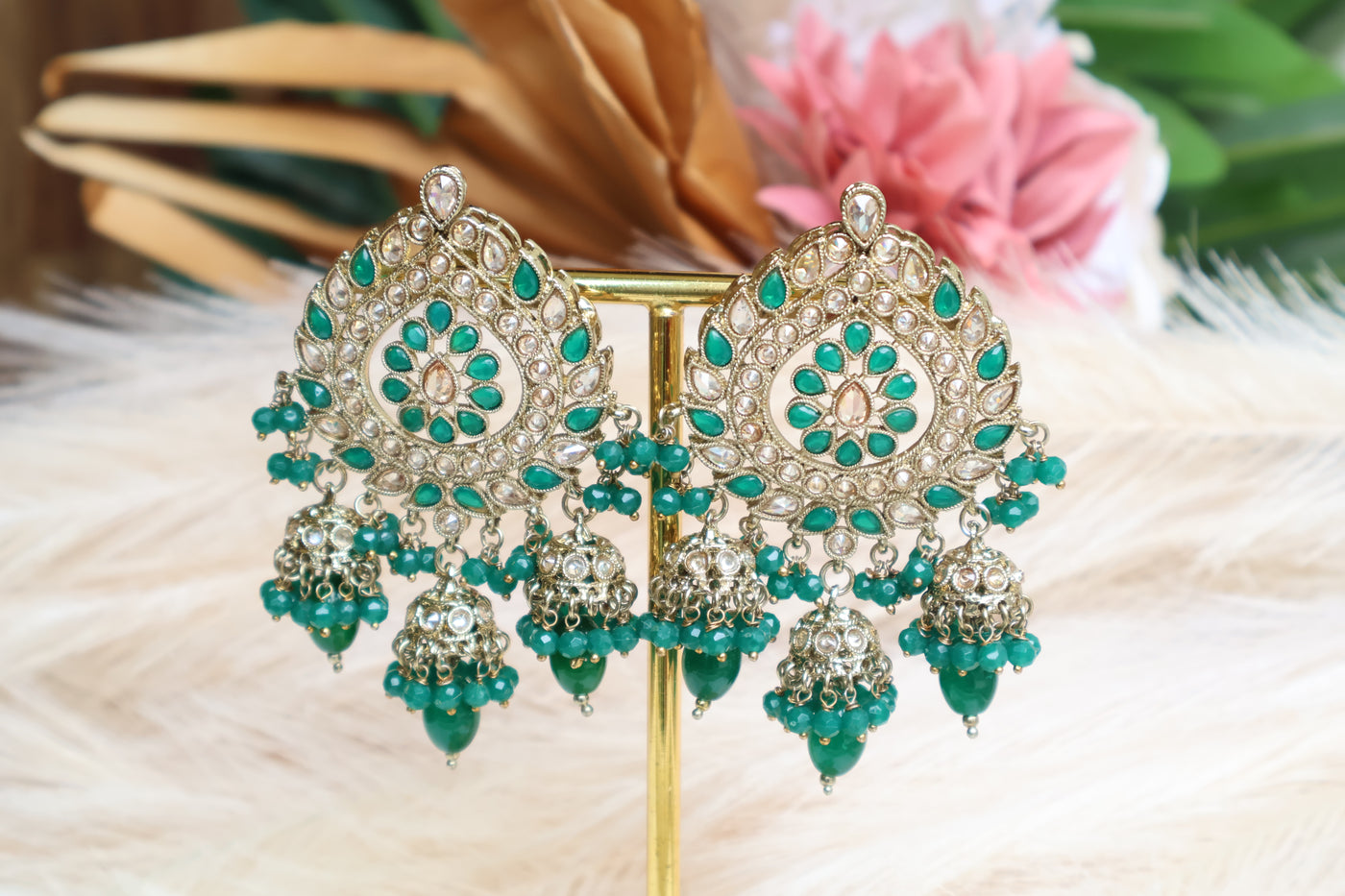 Simran Green Earrings with 3 small bells & Tikka - Indian Secrets