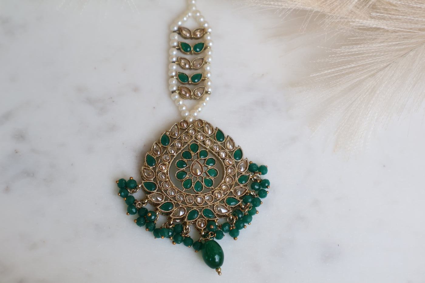 Simran Green Earrings with 3 small bells & Tikka - Indian Secrets