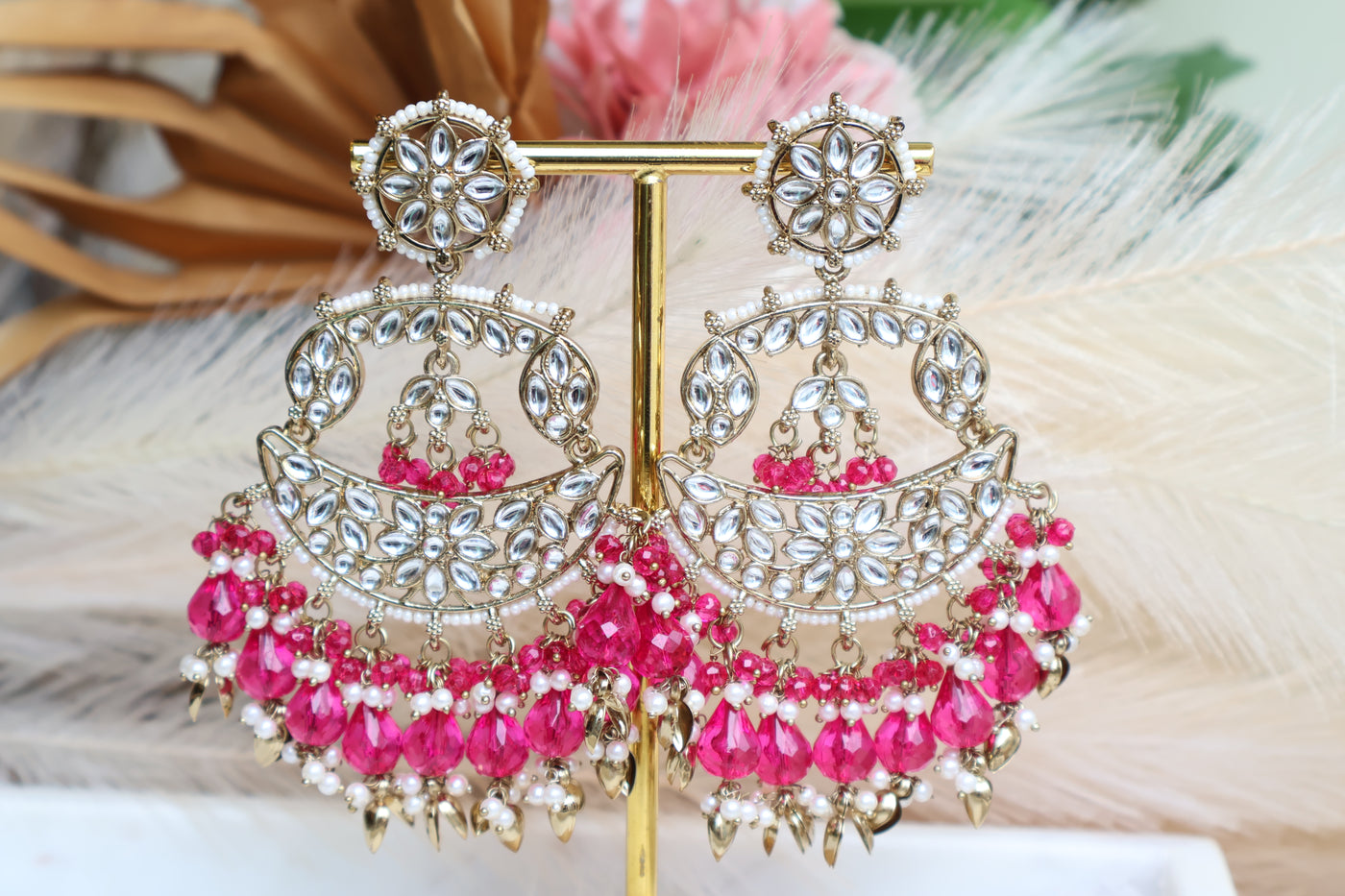 Kundan Long Pink Earring with Pearls - Indian Secrets