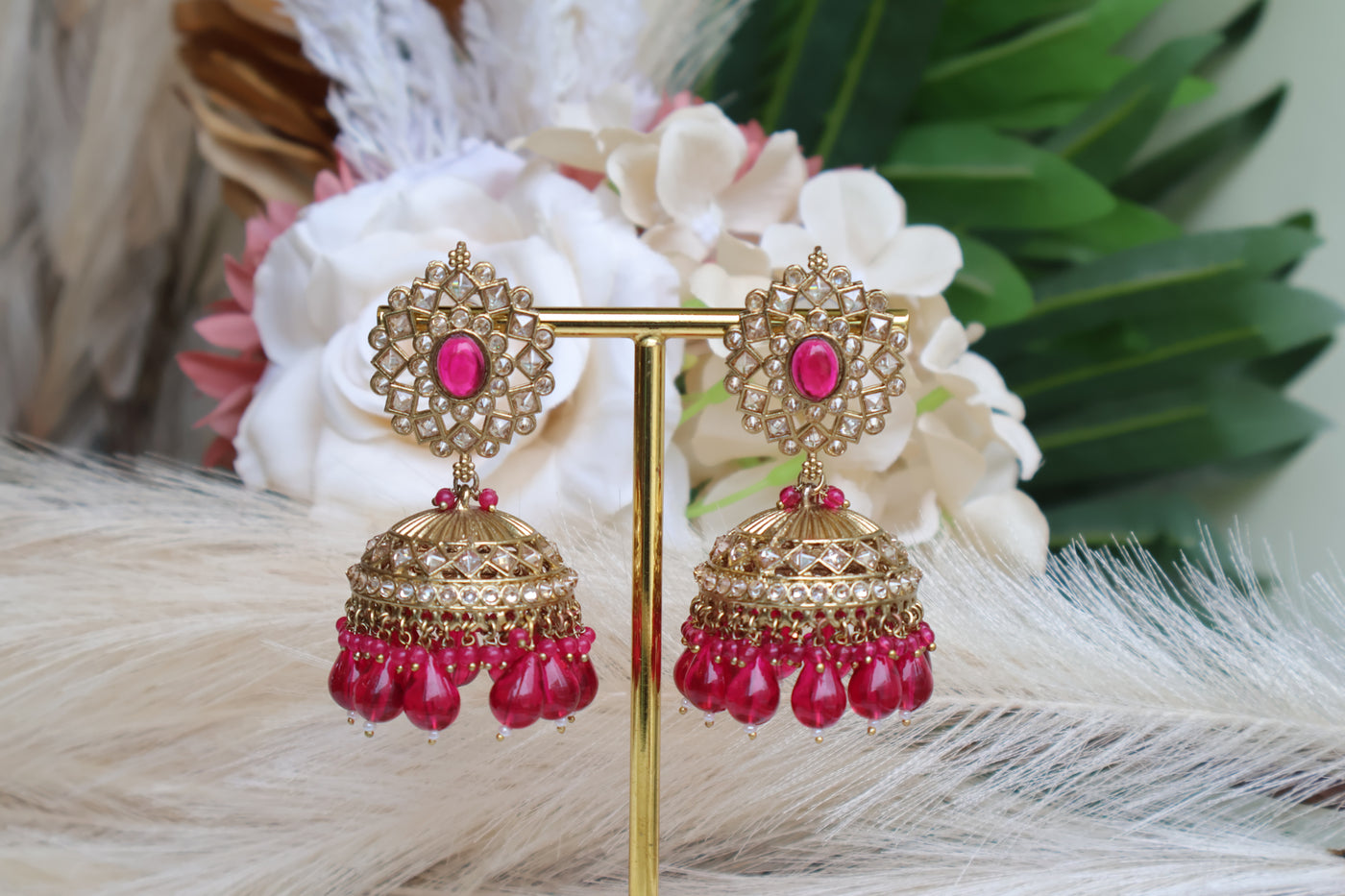 Kundan Stunning Jhumki with dark pink stone - Indian Secrets