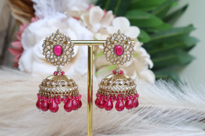 Kundan Stunning Jhumki with dark pink stone - Indian Secrets