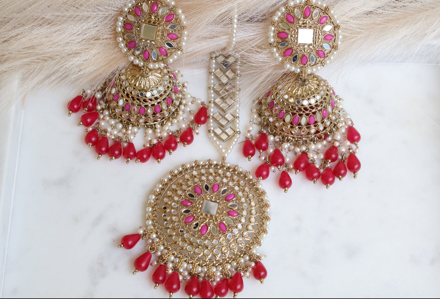 Pink Jhumka Alluring with Big sized Tikka - Indian Secrets