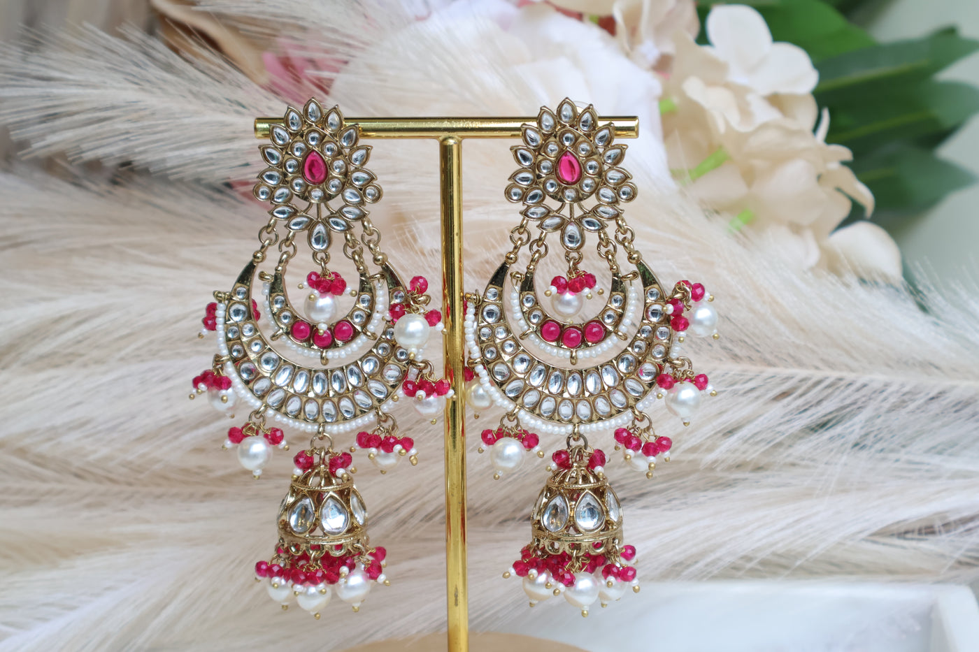 Glamorous Pink Kundan Long Earring with Tikka - Indian Secrets