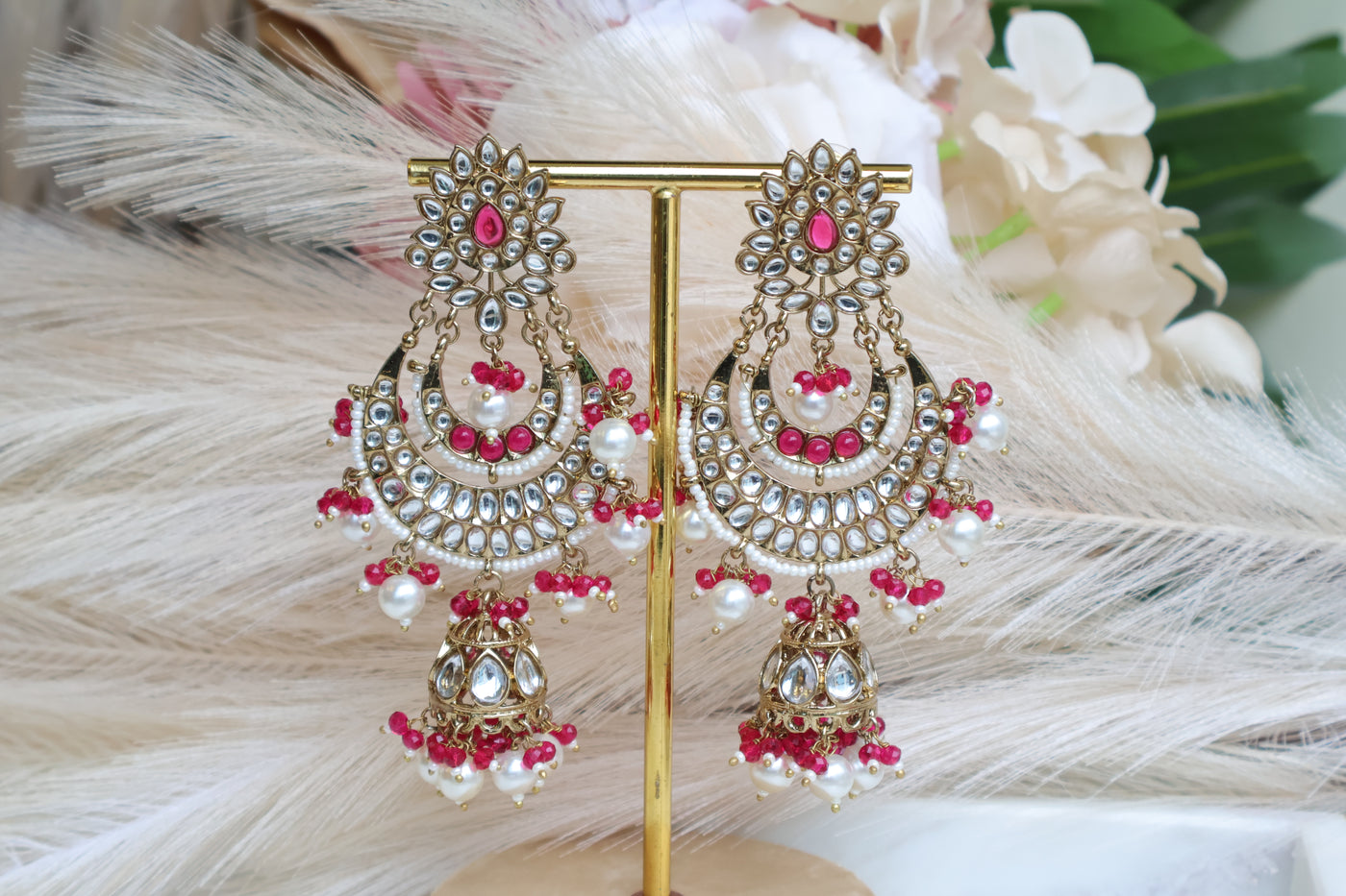 Glamorous Pink Kundan Long Earring with Tikka - Indian Secrets