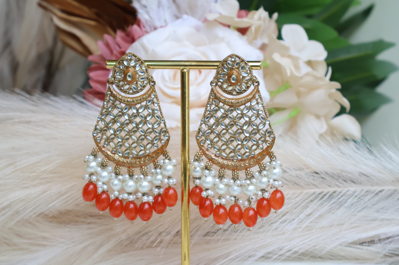 Orange Long Kundan Earring - Indian Secrets