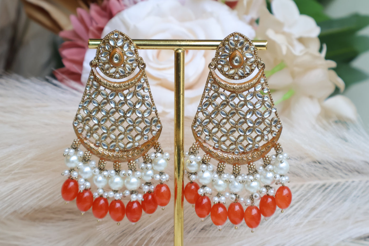 Orange Long Kundan Earring - Indian Secrets