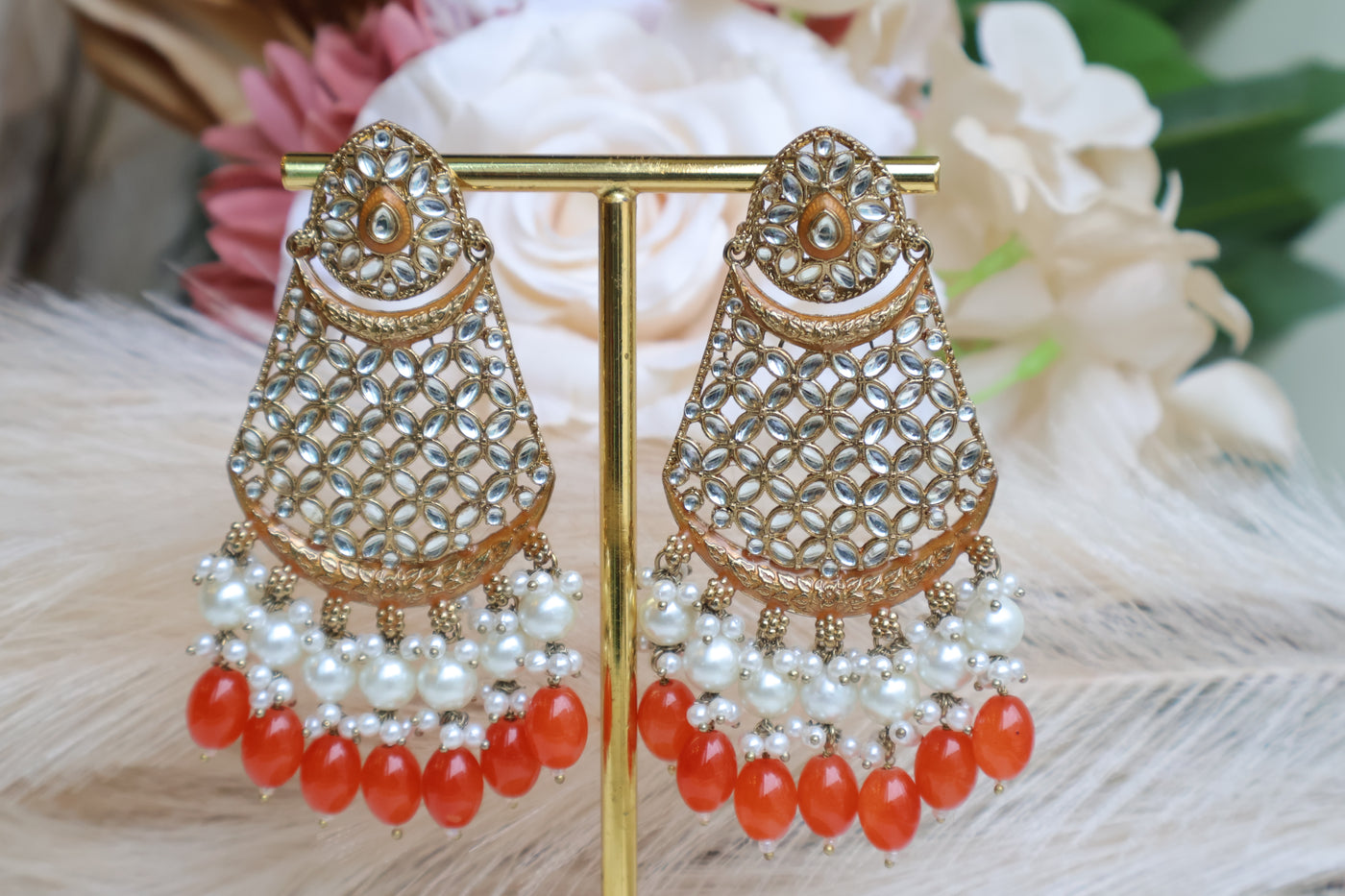 Orange Long Kundan Earring - Indian Secrets