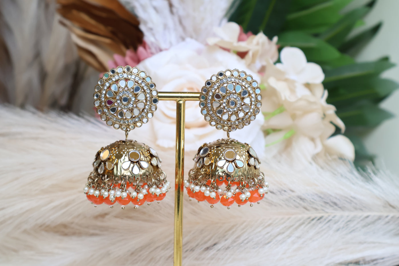 Heena Mirrored Orange Jhumka With Tikka - Indian Secrets