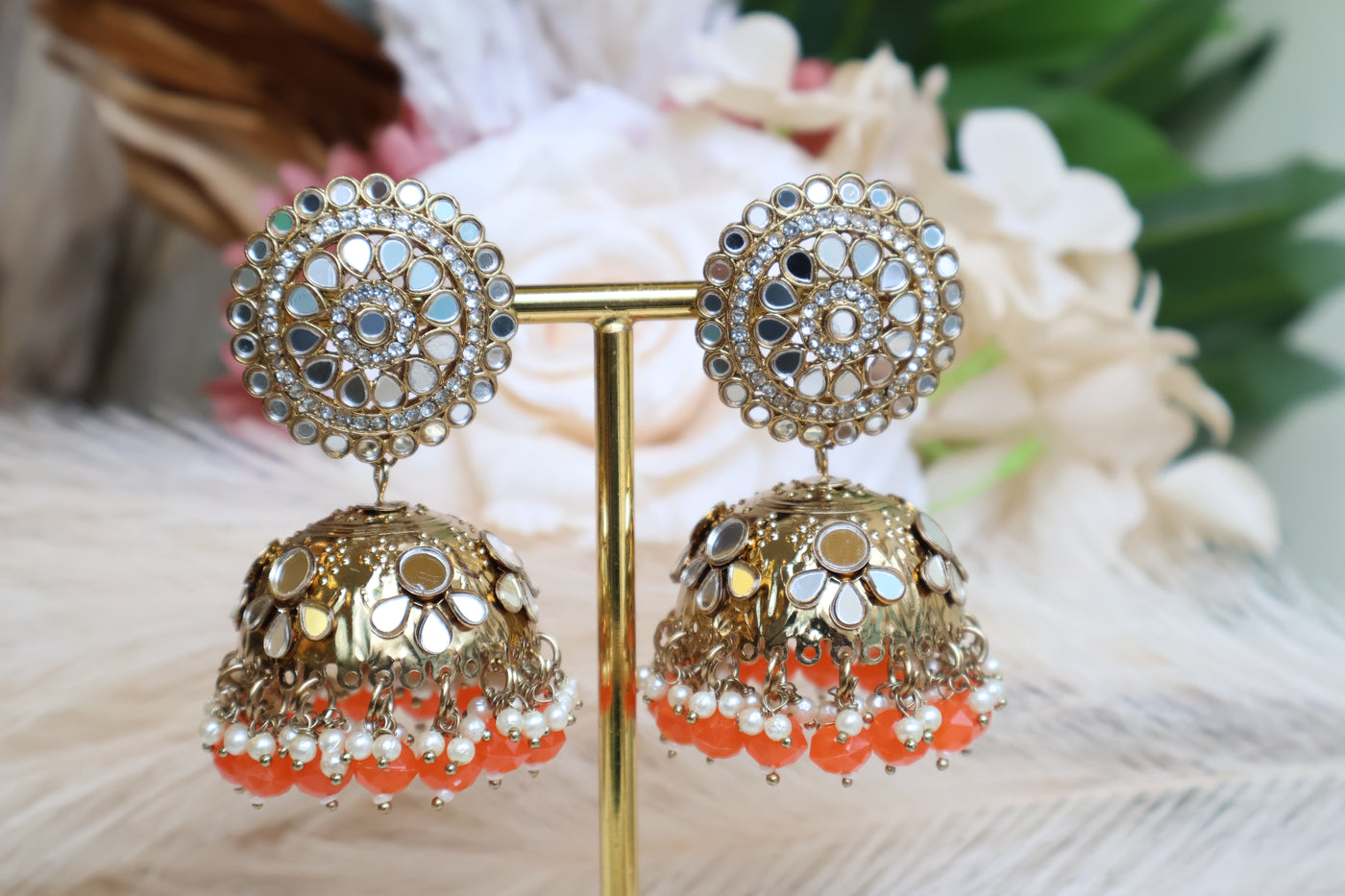 Heena Mirrored Orange Jhumka With Tikka - Indian Secrets