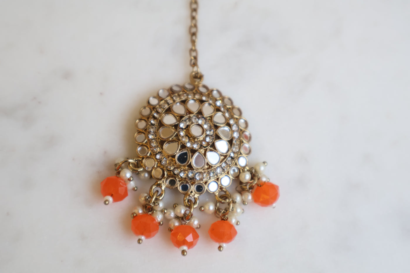 Heena Mirrored Orange Jhumka With Tikka - Indian Secrets