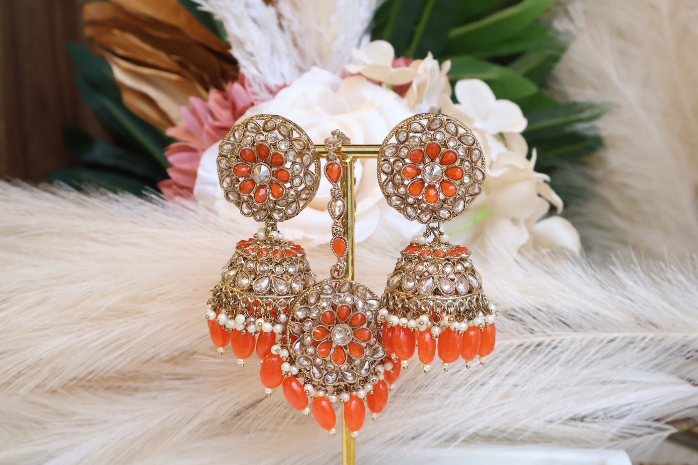 Antique Orange Reversed AD Jhumki - Indian Secrets