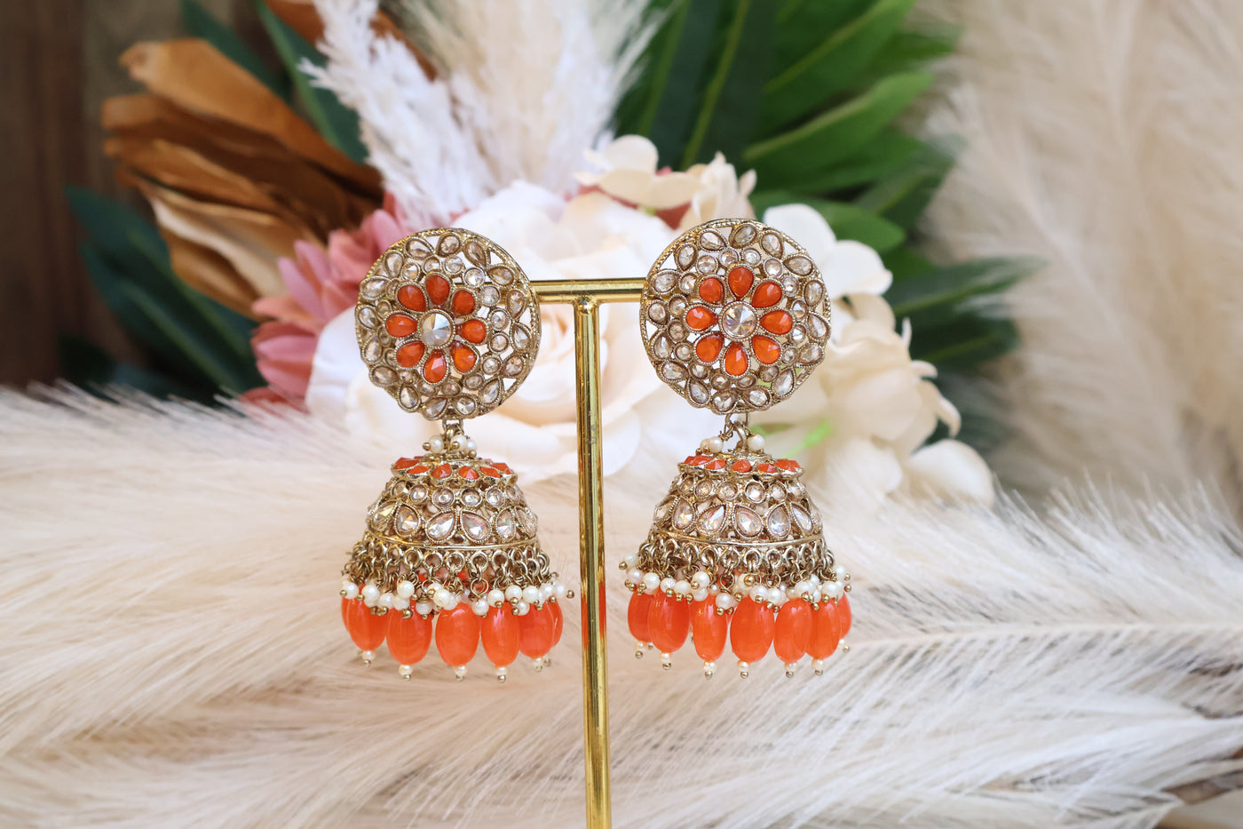 Antique Orange Reversed AD Jhumki - Indian Secrets