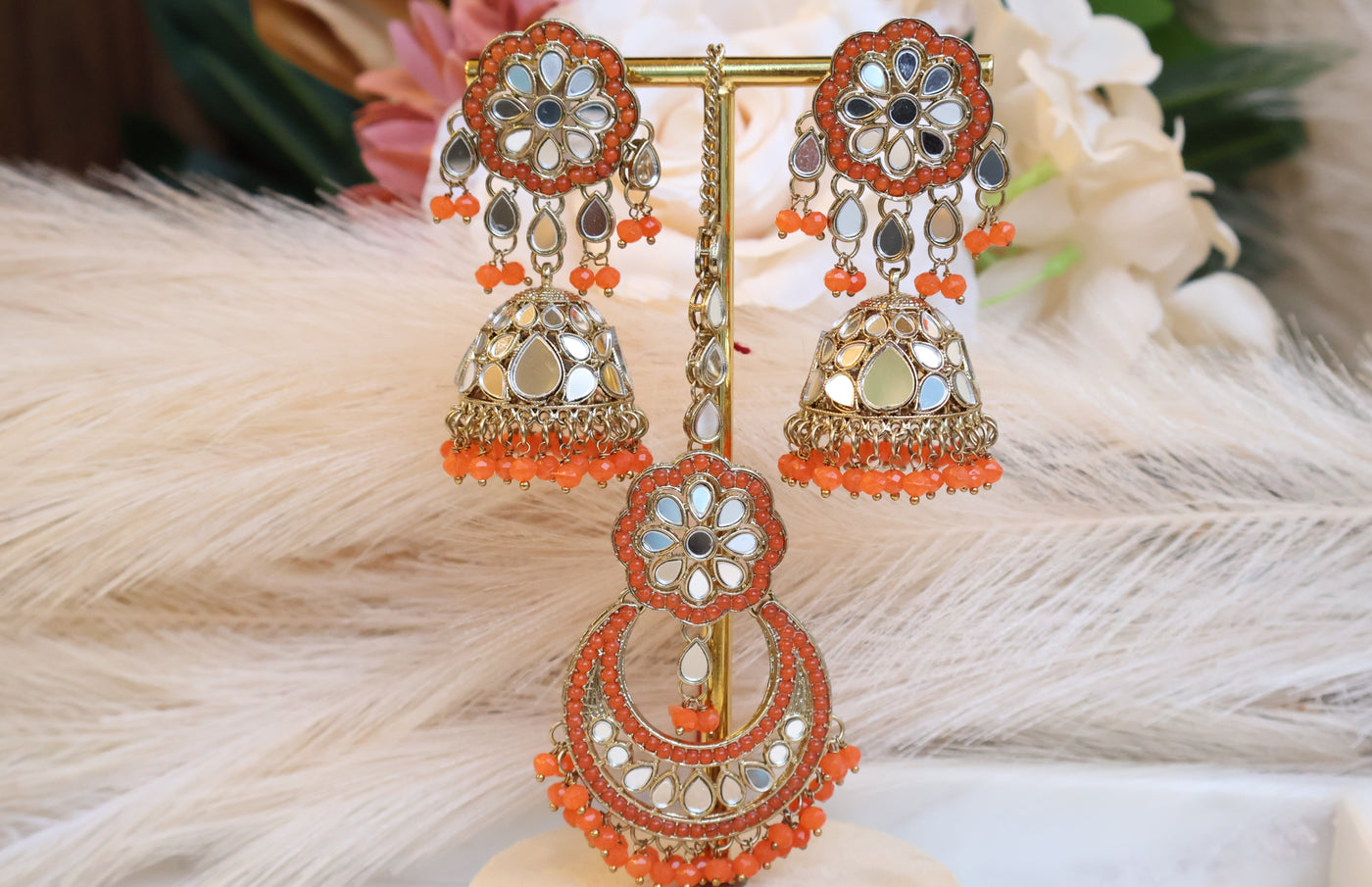 Keesha Orange Mirrored Jhumka and Tikka - Indian Secrets