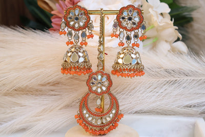 Keesha Orange Mirrored Jhumka and Tikka - Indian Secrets