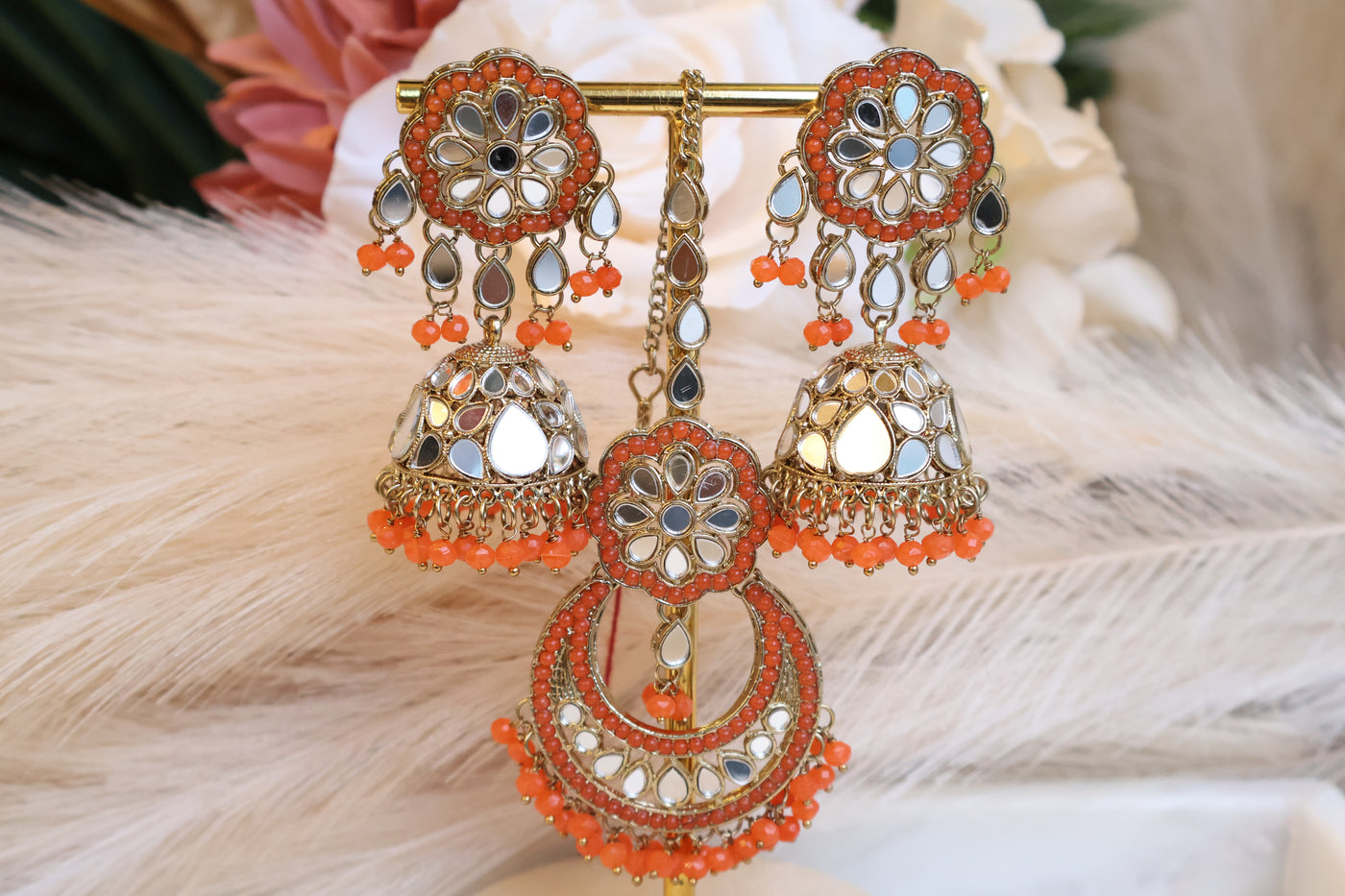 Keesha Orange Mirrored Jhumka and Tikka - Indian Secrets