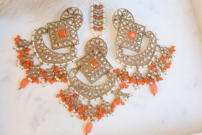 Araaz Exclusive Orange Earring and Tikka - Indian Secrets