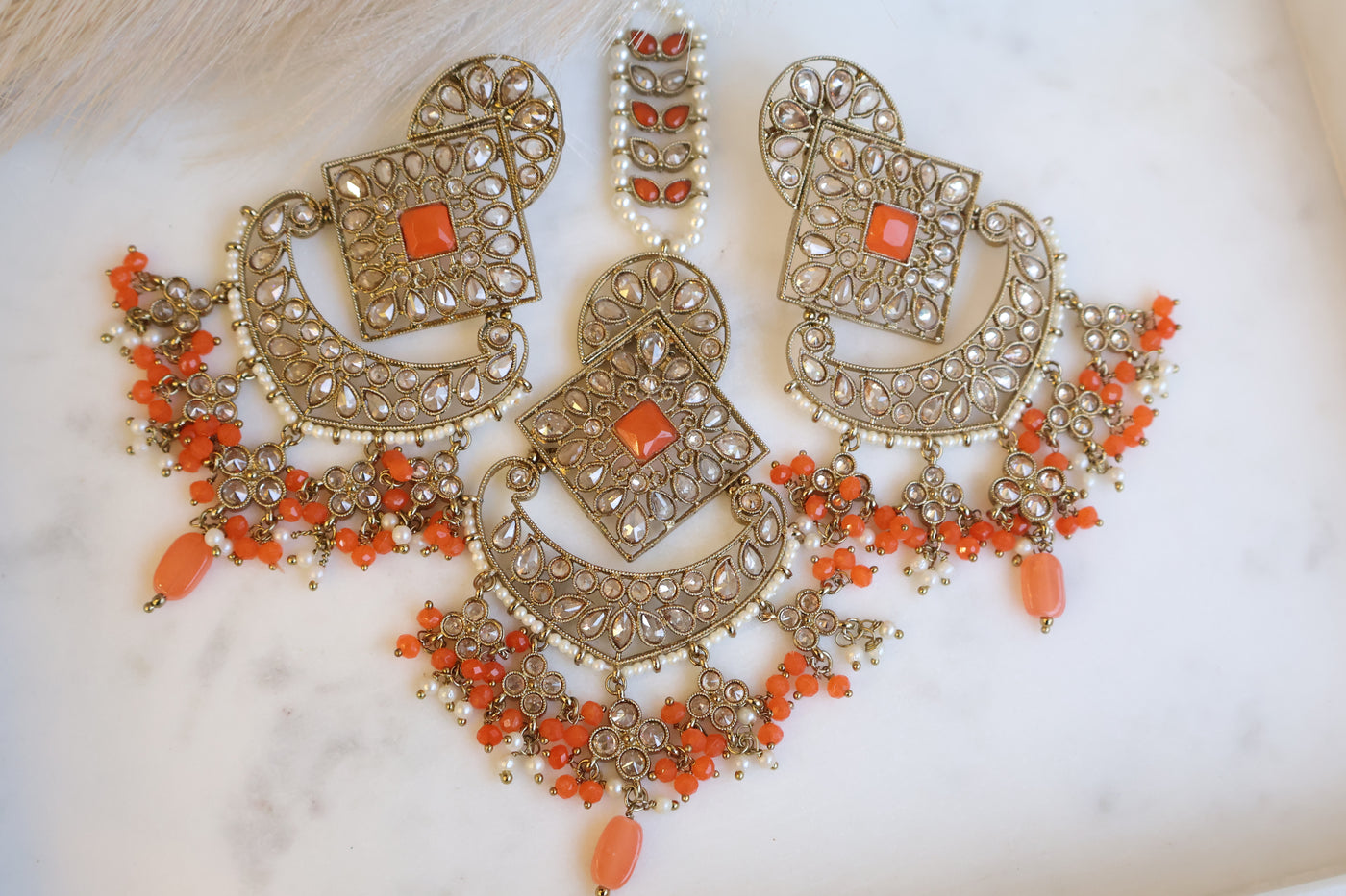 Araaz Exclusive Orange Earring and Tikka - Indian Secrets