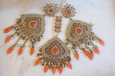 Chandni Orange Big Earring with Tikka - Indian Secrets