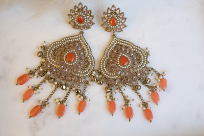 Chandni Orange Big Earring with Tikka - Indian Secrets