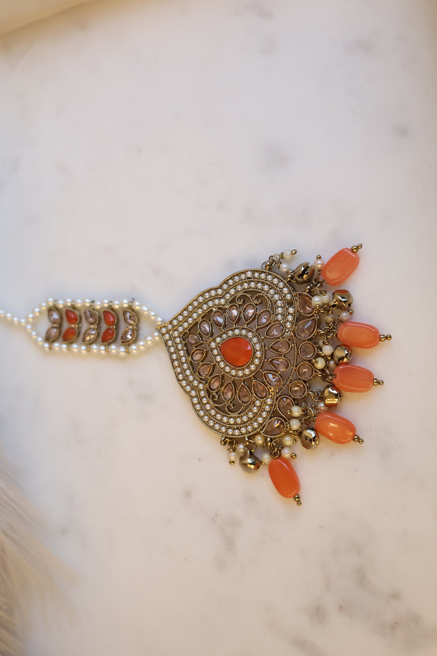 Chandni Orange Big Earring with Tikka - Indian Secrets