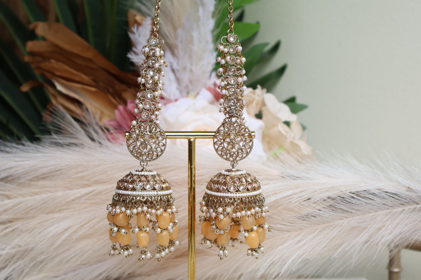 Ethnic Style Mustard Jhumki with attached Saharey - Indian Secrets