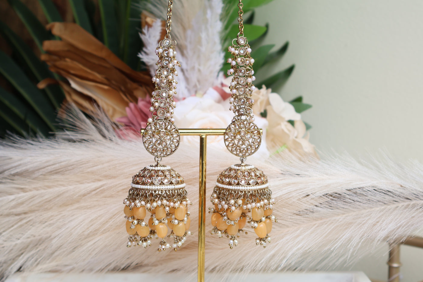 Ethnic Style Mustard Jhumki with attached Saharey - Indian Secrets