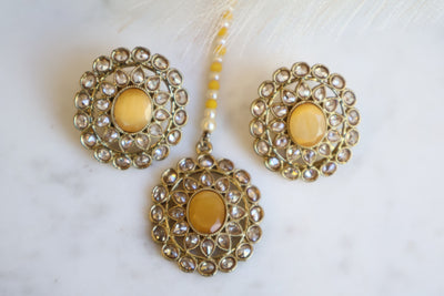 Surbhi Earring -large mustard Yellow stone and Tikka - Indian Secrets