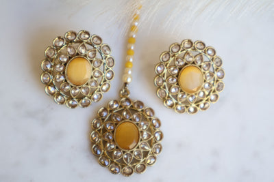 Surbhi Earring -large mustard Yellow stone and Tikka - Indian Secrets