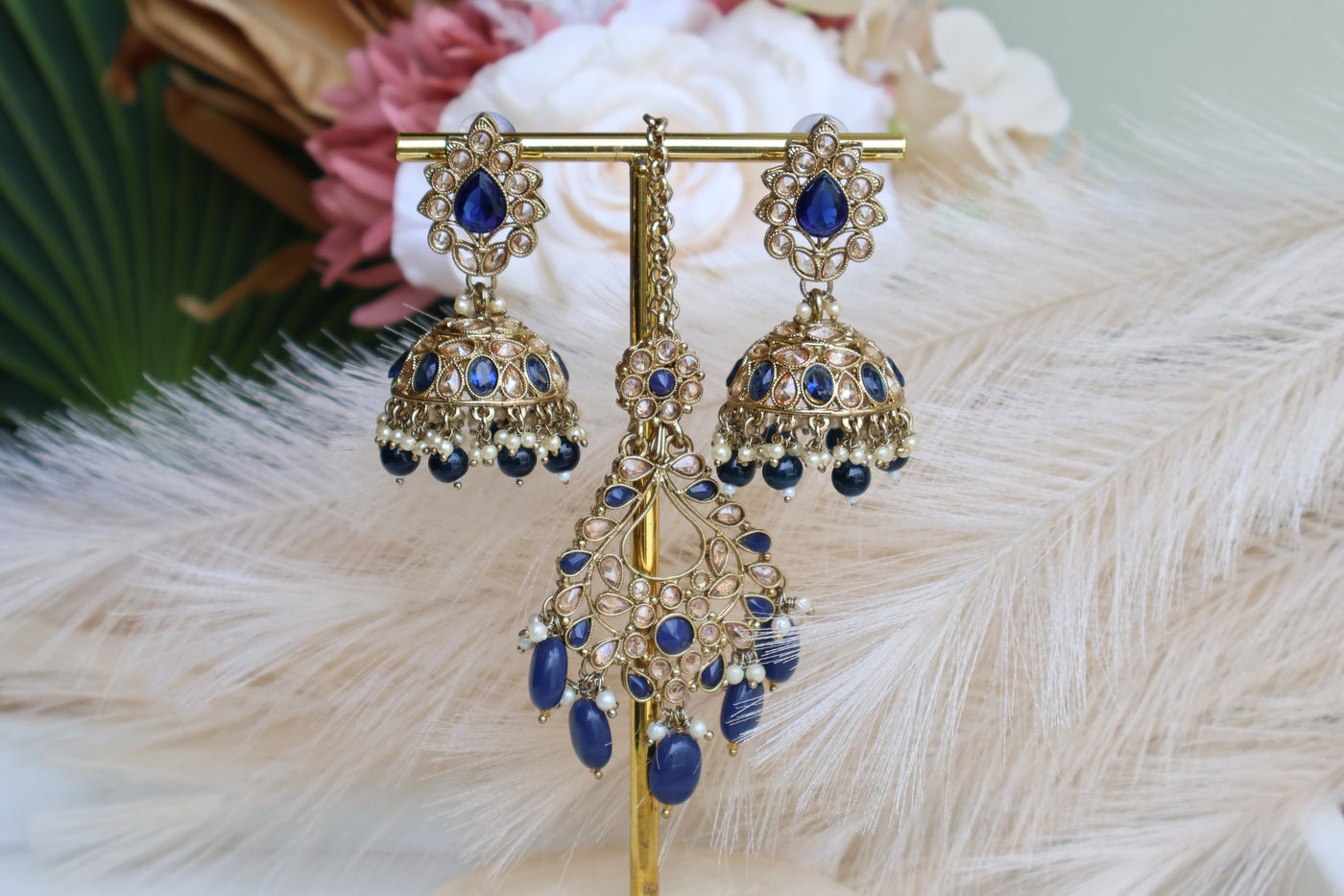 Aaysha Reverse-AD Blue Earring with Tikka - Indian Secrets