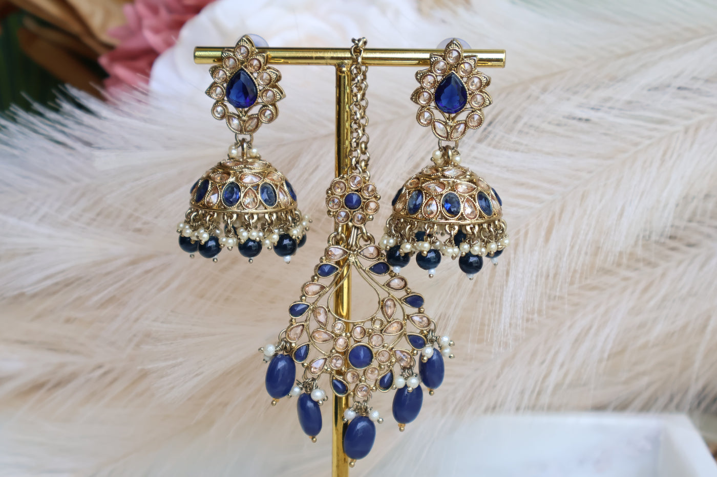 Aaysha Reverse-AD Blue Earring with Tikka - Indian Secrets