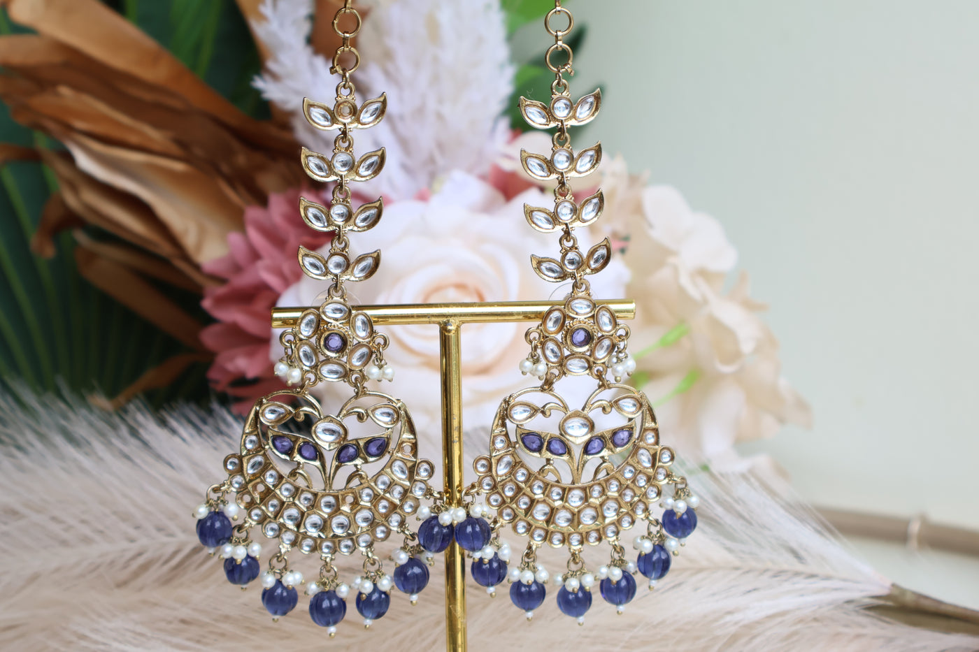 Kundan Long & Lightweight Earring with attached Saharey - Indian Secrets