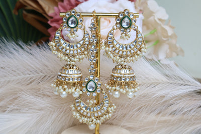 Dazzling Gold Plated Designer Kundan Earring with Tikka - Indian Secrets