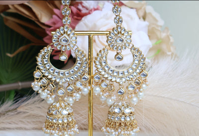 Designer Kundan Long Earring/attached Saharey with tikka - Indian Secrets